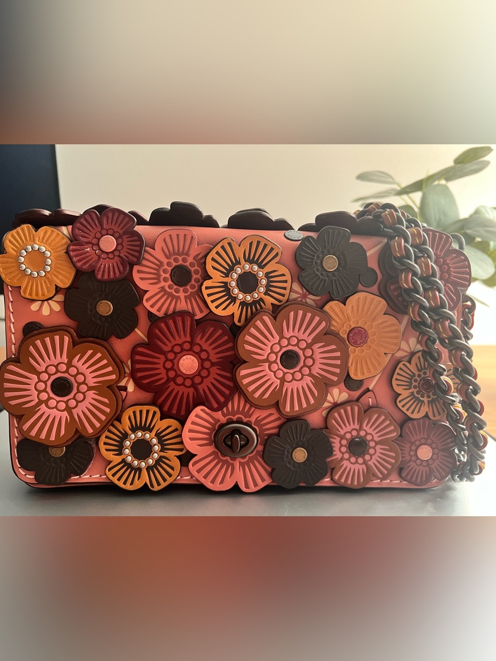 Floral Applique Leather Coach Crossbody Bag in Coral Pink